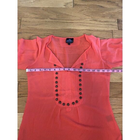 Angie Women's sheer Coral Blouse With Studded Front v-neck & 3/4 Sleeves Small - Picture 7 of 9